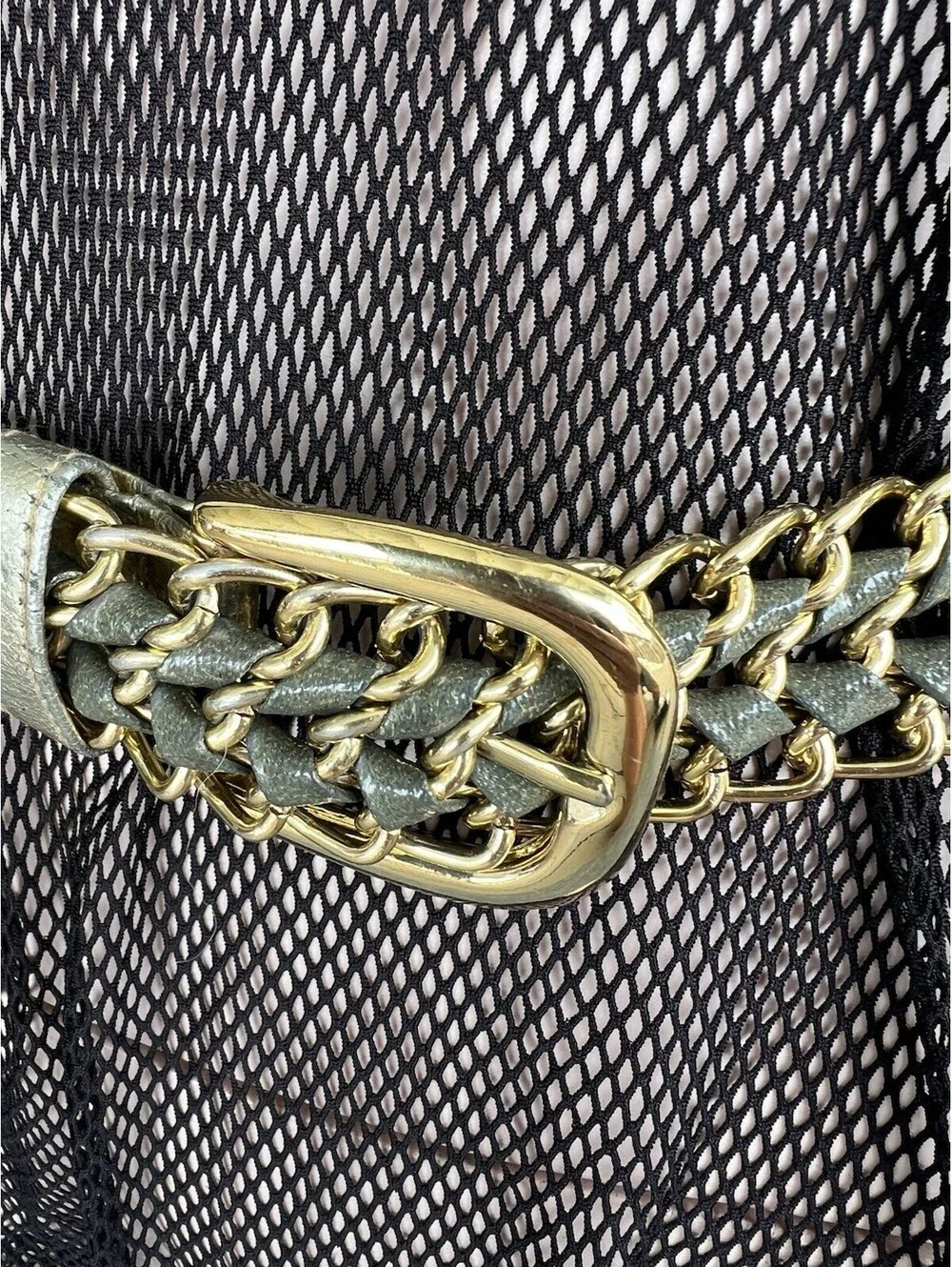 Retro Metallic Gold Green Woven Mesh Chain Belt Braided Crochet Size S/ M.